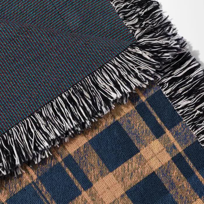 コットン織りブランケット：ネイビーとイエローブルーのチェック柄